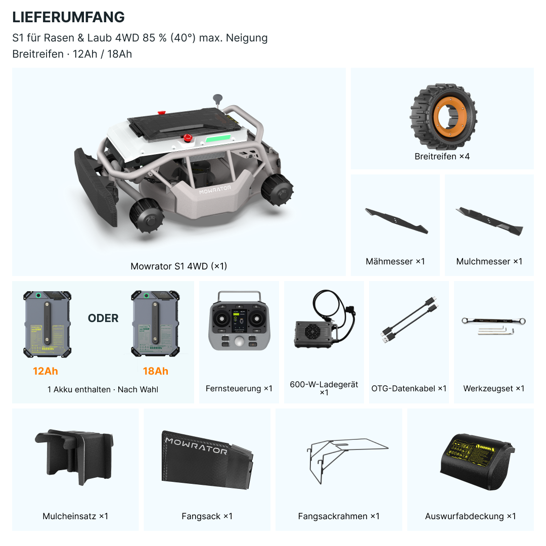 mowrator s1 fernsteuerbarer rasenmäher 4wd 18ah | 85 % steigung (mit breiten rädern)