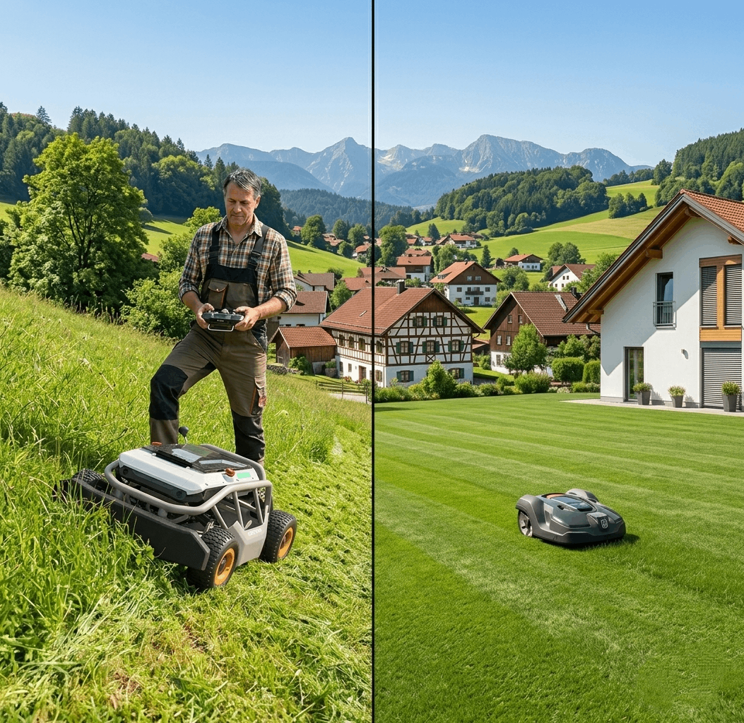 Ein ferngesteuerter Mäher auf einem Hang im Vergleich zu einem Mähroboter auf flachem Rasen.