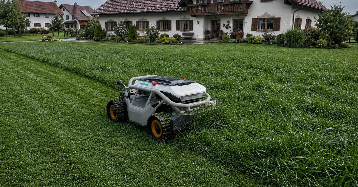 Ein Mowrator Mähroboter mäht nasses, dichtes Gras in einem Wohngarten nach dem Regen.
