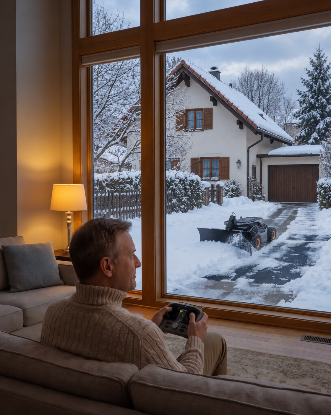 Person sitting on a sofa using a remote control while a robotic snow plow clears a snowy driveway