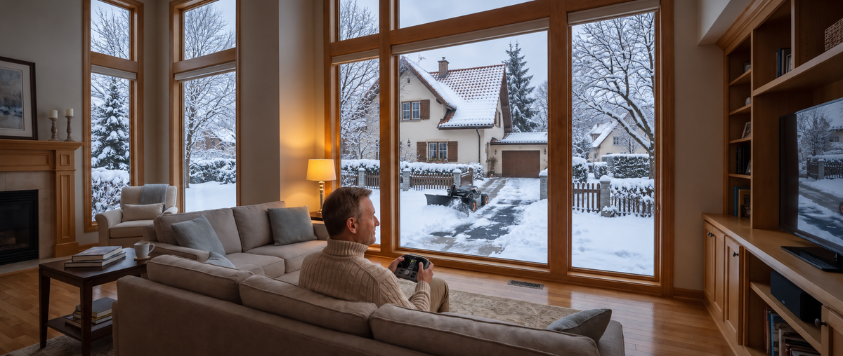 Person sitting on a sofa using a remote control while a robotic snow plow clears a snowy driveway
