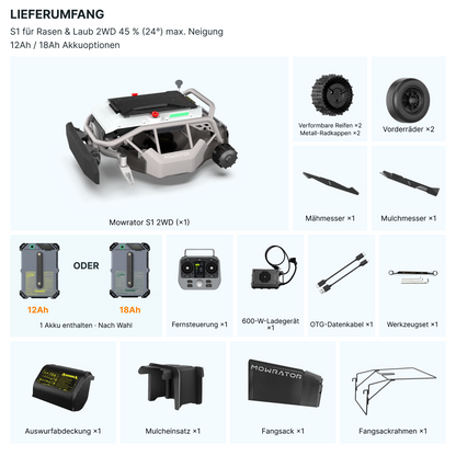 Mowrator S1 Laub- & Rasenmäher 2WD – Ferngesteuerter Rasenmäher für 45% Steigung mit Laubhäcksel-Saugsystem