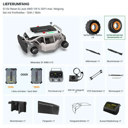 Mowrator S1 4WD Laub- & Rasenpflege-Paket – 119 % (50°) + 4 Standardreifen gratis
