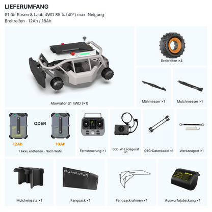 Mowrator S1 Fernsteuerbarer Rasenmäher 4WD 18Ah | 85 % Steigung (Mit Breiten Rädern)