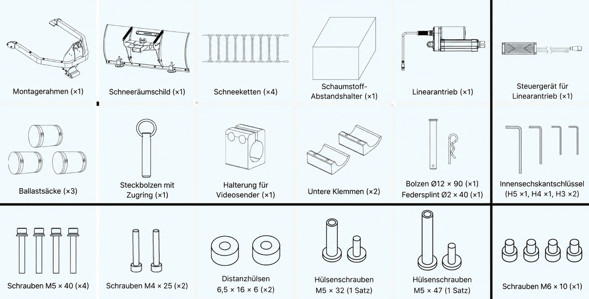 Contents of the Mowrator snow plow attachment kit